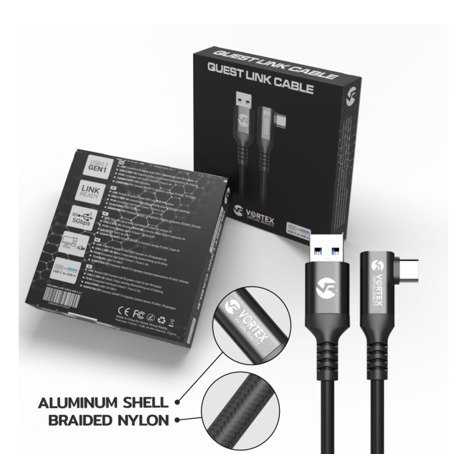 VortexVR 5m kabel USB-A do USB-C z mocowaniem do Meta Link | do Meta Quest 3 / 3S / 2